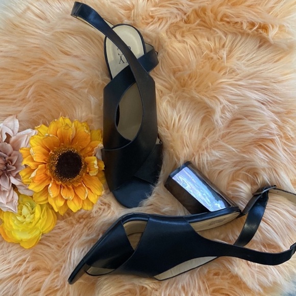 Mirrored Block Smoke Heeled Crossover Sandals By  NY & Company Size 8 EUC - Picture 4 of 7